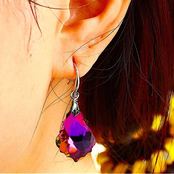 Austrian Crystal Silver Drop Dangle Colorful Baroque Leaf Earrings - Picture 4 of 4